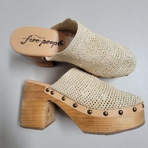 Free People Cream Woven Leather-Trim Clogs